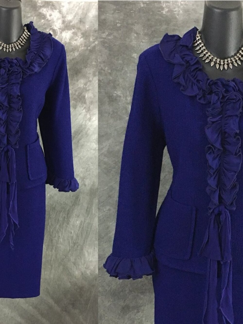 BEAUTIFUL St John knit blue ruffle jacket skirt suit size 10